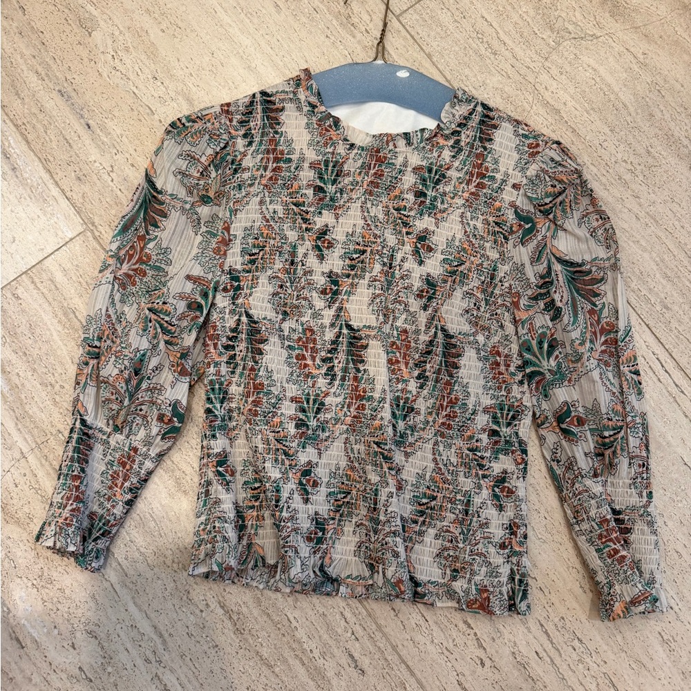 Veronica Beard Cream Floral Smocked Long-Sleeve Blouse